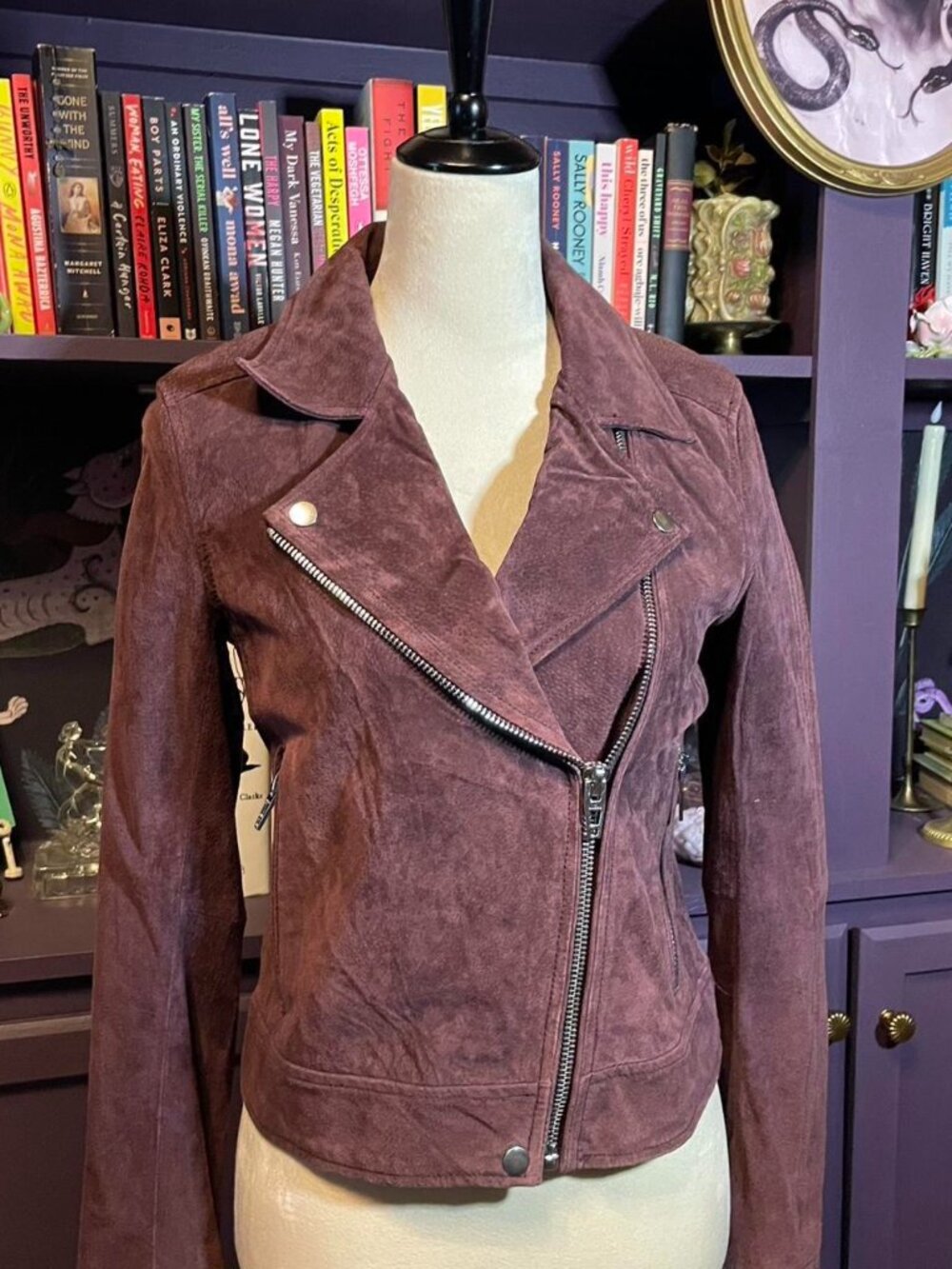 Burgundy leather moto jacket with asymmetrical zipper